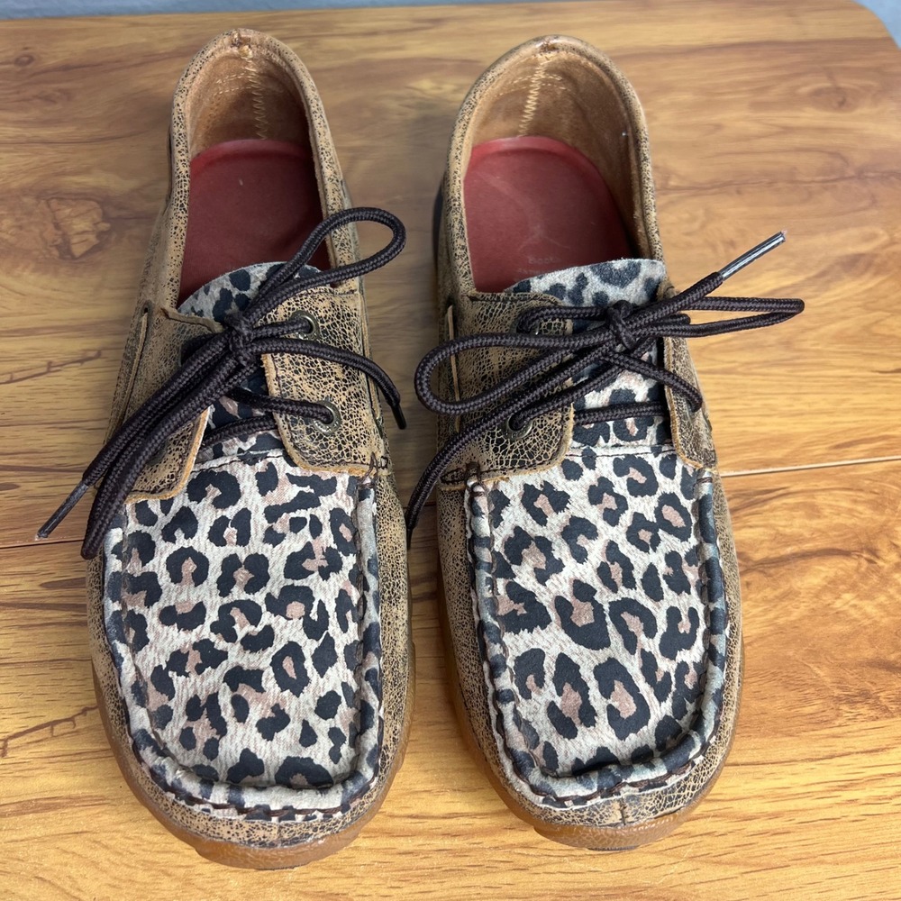 Twisted X Boat Moc Driving Loafers Sz 9 Brown Leopard Print Leather Distressed